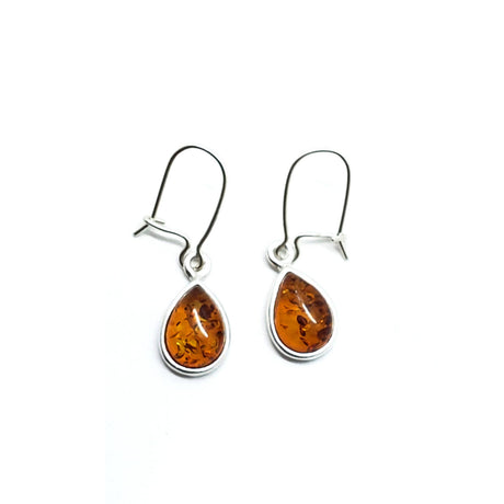 Cognac Amber Sterling Silver Earrings on Hooks featuring teardrop-shaped Baltic amber stones set against a white background.