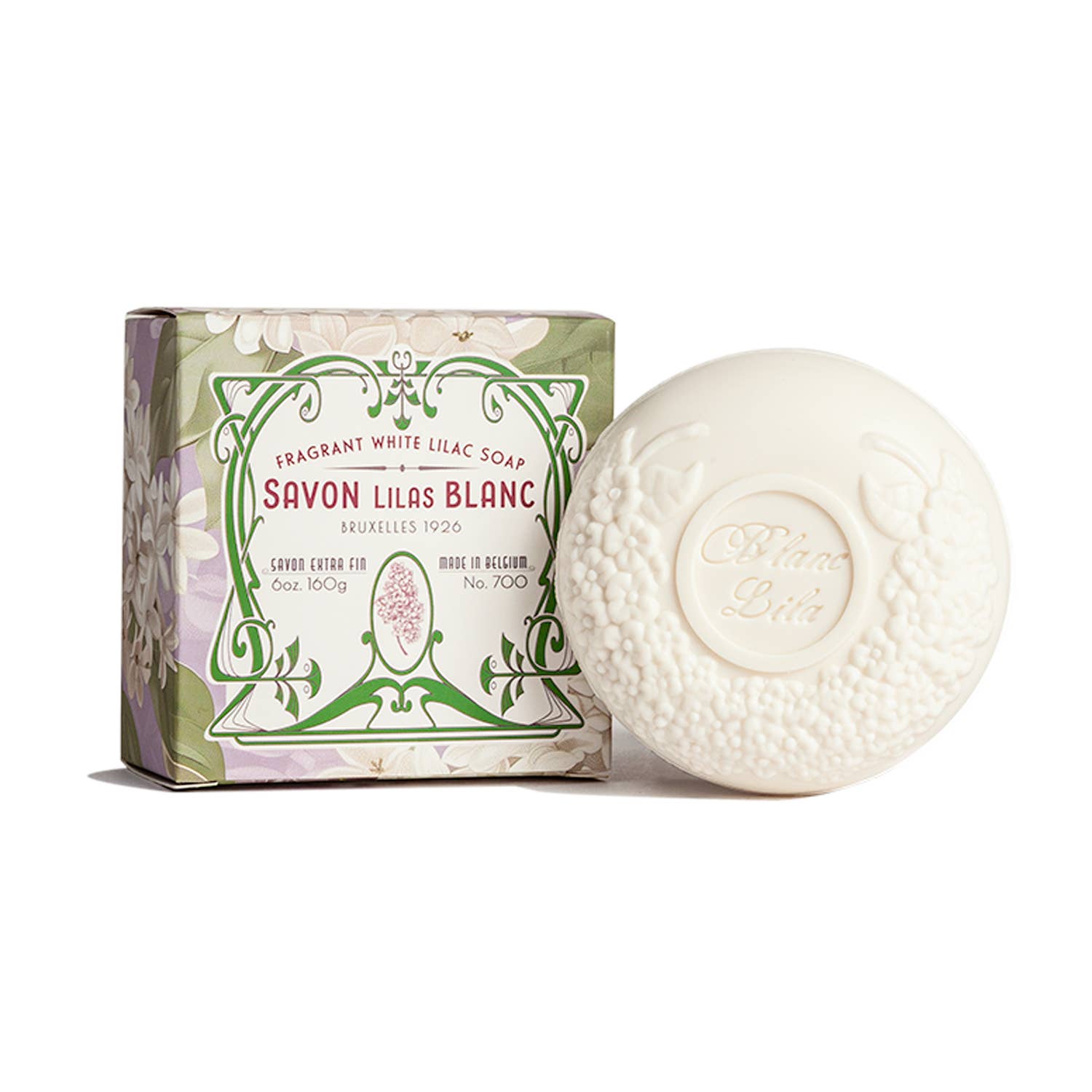 Box and round bar of vegan soap with a floral design, elegantly labeled Soap: Savon Lilas Blanc Fragrant White Lilac Bar Soap, capturing the essence of French Lilac on the packaging.