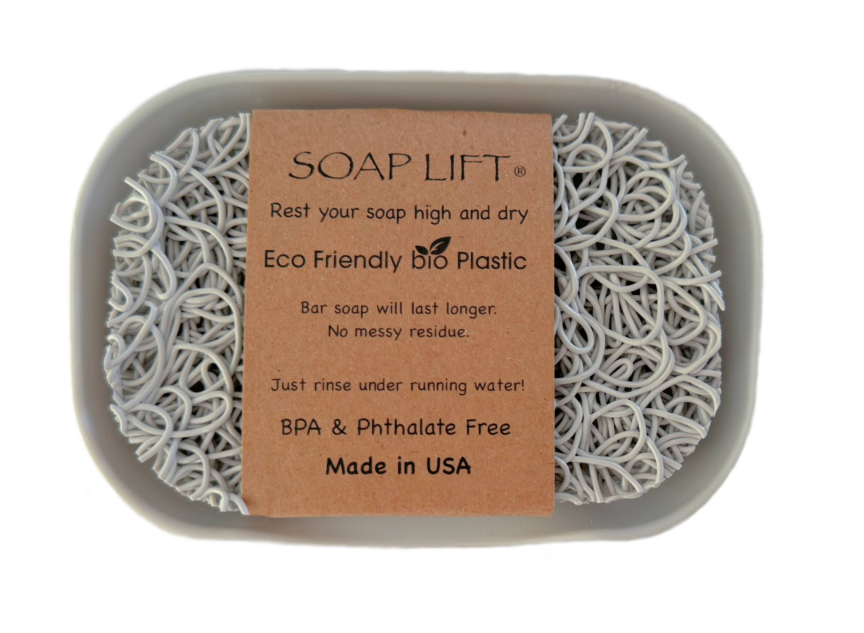 The Soap Dish & Lift: Waterfall Dish Set w/ Soap Saver is eco-friendly, crafted from bio-plastic, BPA and phthalate-free, made in the USA, and designed to keep soap high and dry sustainably.