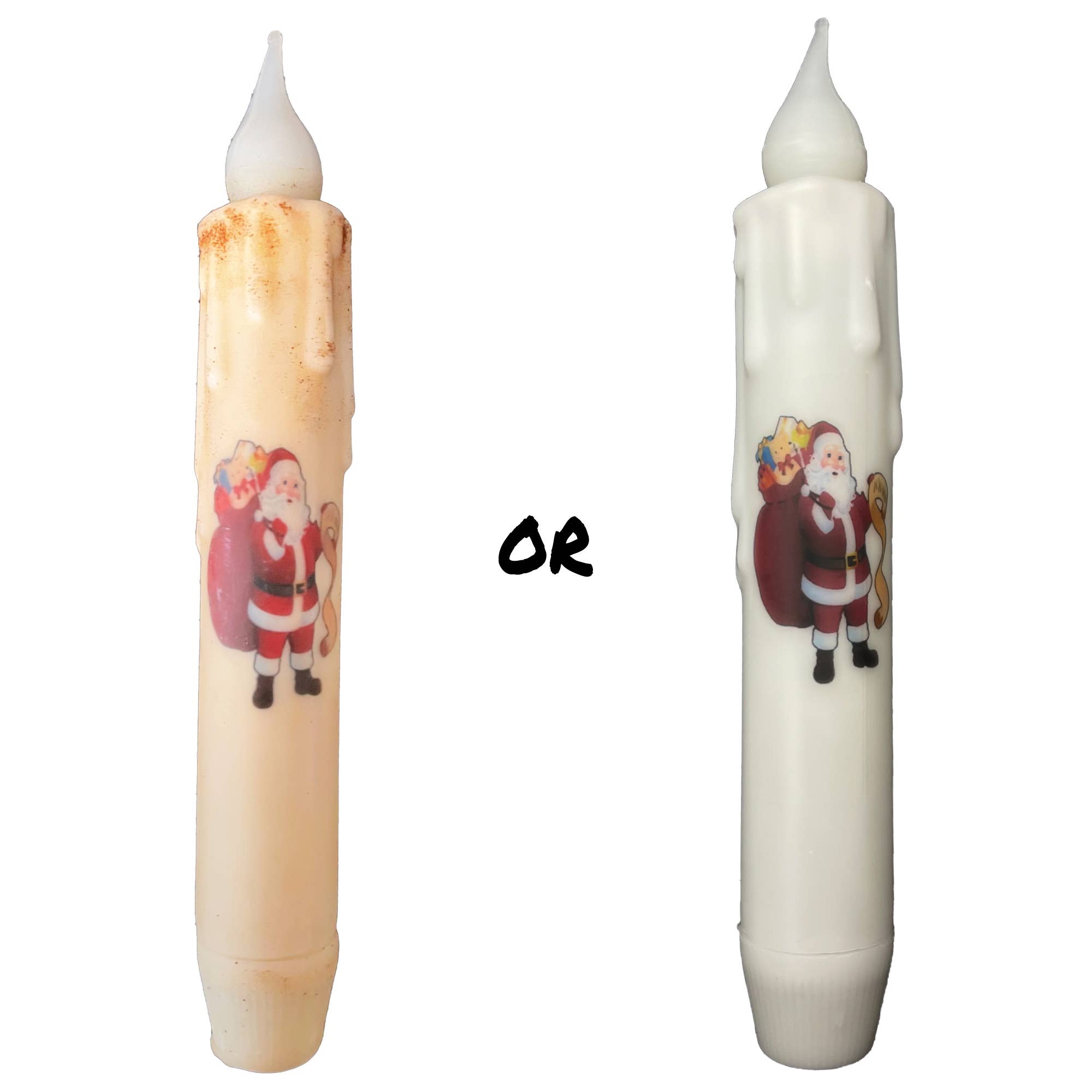 Two wax-like cylindrical objects featuring Santa Claus images, one in cream and the other in white with bulbous tops and the word "OR" between them, closely resemble the Candle: Santa Christmas LED Battery Operated Timer Taper Candles (White). These candles provide a warm glow with a battery-operated timer for festive convenience.