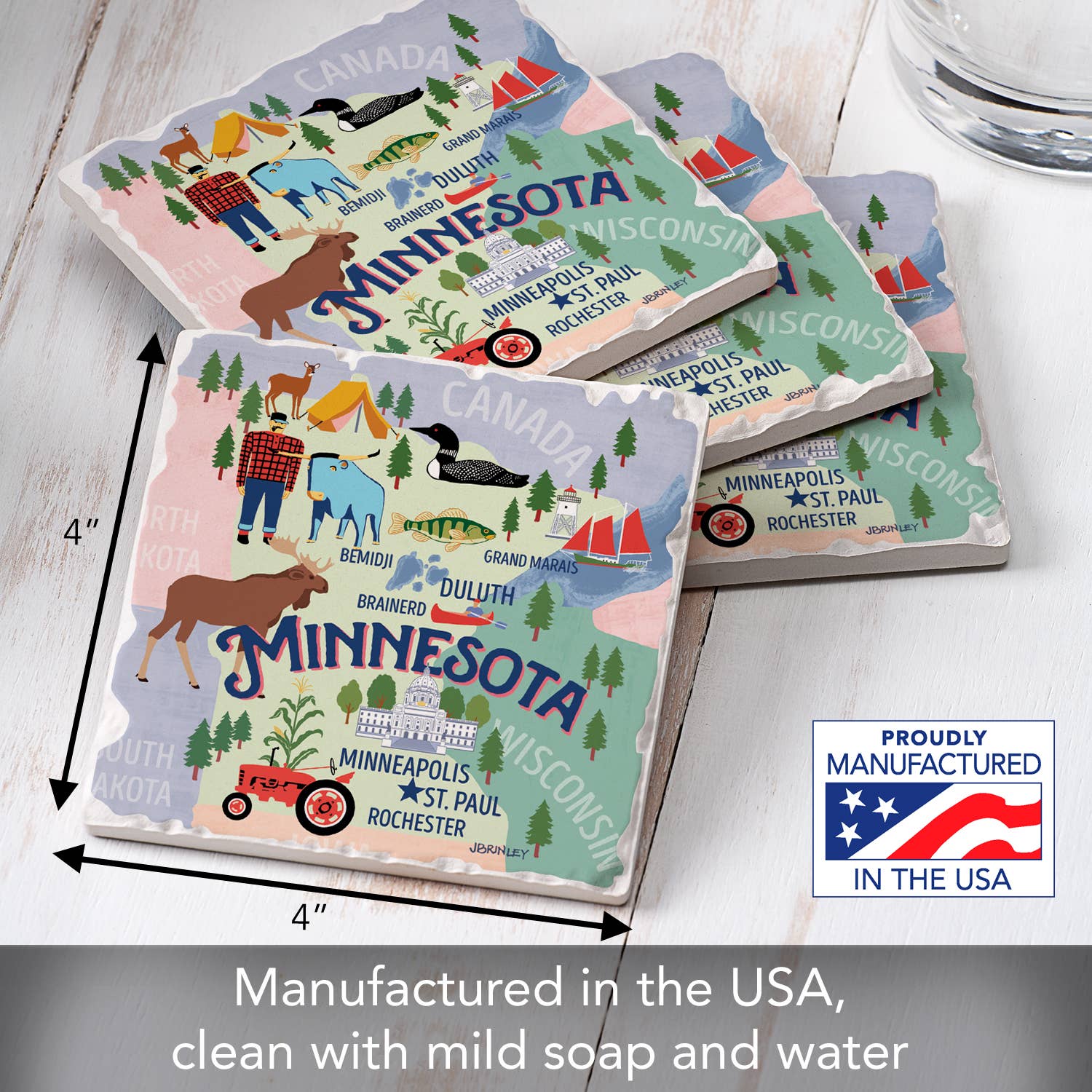 The Minnesota Attractions Thirsty Stone Coasters 4-pack features vibrant maps with attractions and wildlife illustrations on absorbent tumbled tiles. Each 4 coaster, made in the USA, protects surfaces while showcasing Minnesotas charm.