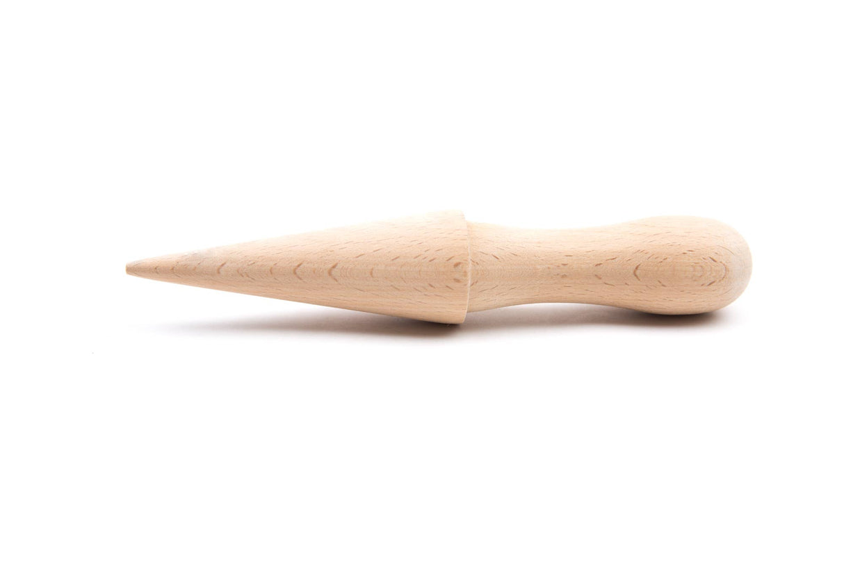 The Roller: Krumkake Cone Roller, made of beechwood and measuring 1.5" x 1.5" x 8.25", features a rounded handle and is shown lying on a white background.