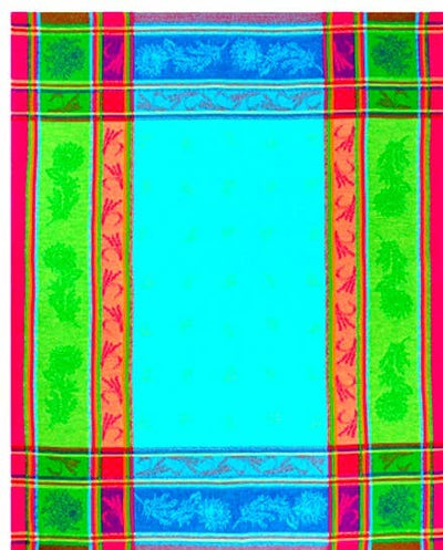 The Turquoise Tea Towel is a 20" x 28" jacquard-woven kitchen towel made of 100% cotton, featuring traditional patterns and vibrant colors—a perfect accent for any Provençal-style kitchen.