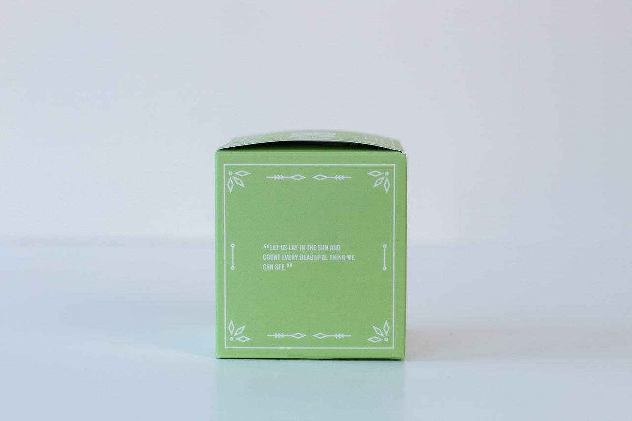 A green rectangular box labeled “Bath Bomb: Coconut Island,” with white decorative borders and a small printed message on one side, handcrafted in Virginia Beach, sits on a plain white surface.