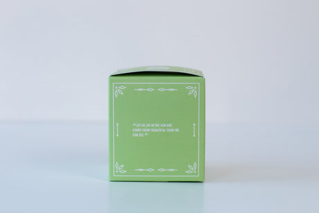 A small green box with white borders and text, “44. LET US LAY IN THE SUN AND COUNT EVERY BEAUTIFUL THING WE CAN SEE,” perfect for gifting the Soap: Coconut Island Bath Bomb.