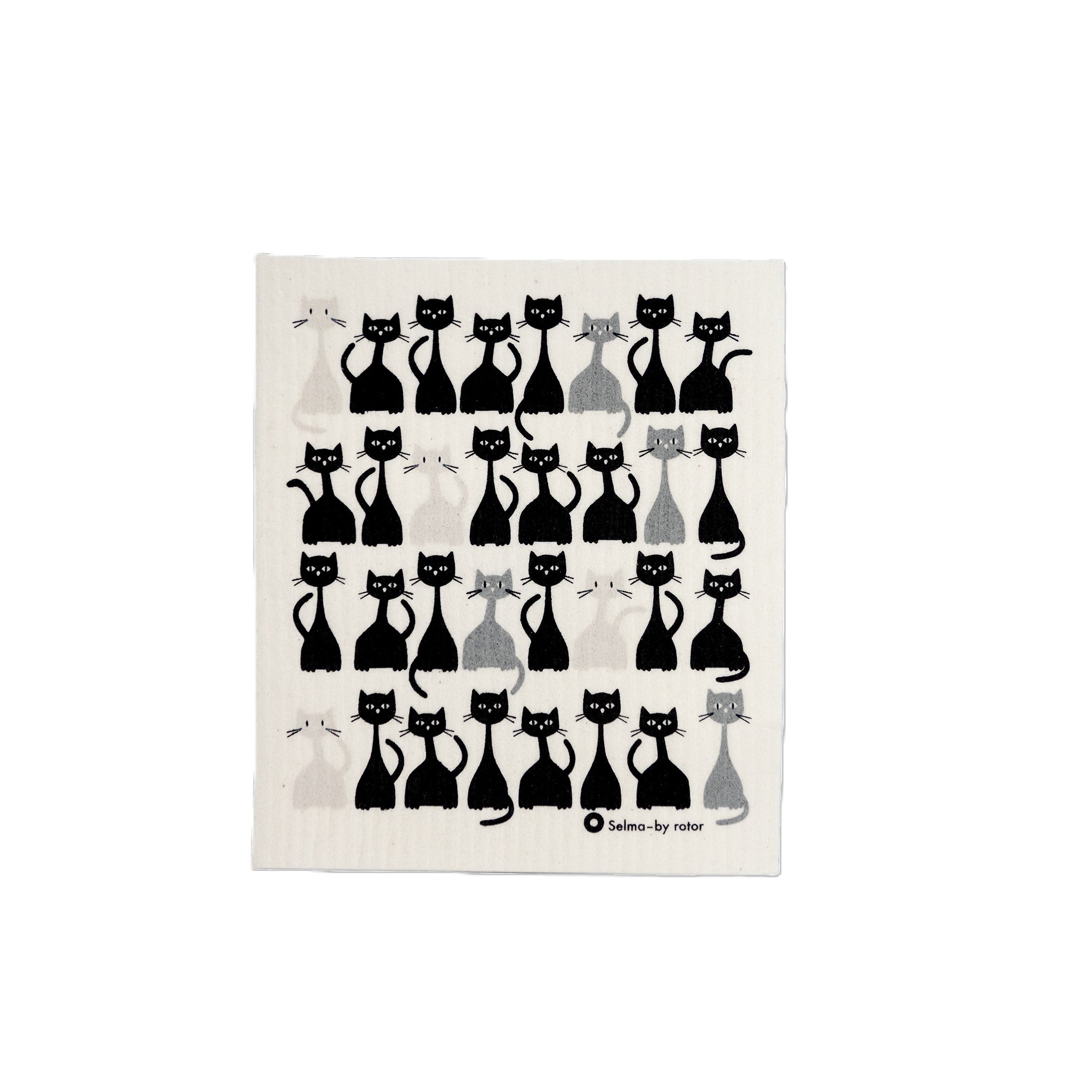 The Selma White with Black & Gray Cats Swedish Dish Cloth features rows of stylized cats in black and gray on a white background—perfect for cat lovers.