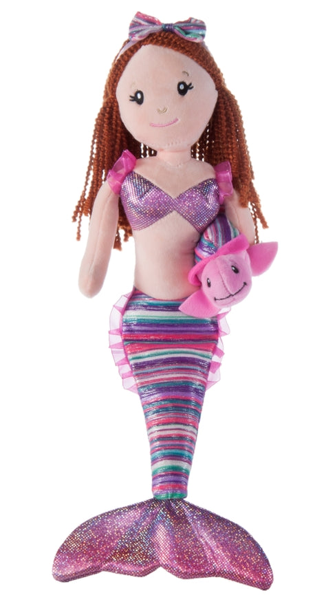 Sure! Here’s the rewritten sentence using your product data: The Faire - The Petting Zoo Plush: Mermaid Plush Doll with Braids & Sea Turtle (17″) features vibrant braids, a shiny striped tail in pink and purple hues, a matching top, and a pink bow. This adorable mermaid comes with a small pink plush sea turtle companion and showcases a cheerful smiling face. Available in three colors to choose from.