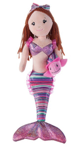 Sure! Here’s the rewritten sentence using your product data: The Faire - The Petting Zoo Plush: Mermaid Plush Doll with Braids & Sea Turtle (17″) features vibrant braids, a shiny striped tail in pink and purple hues, a matching top, and a pink bow. This adorable mermaid comes with a small pink plush sea turtle companion and showcases a cheerful smiling face. Available in three colors to choose from.