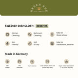 Infographic for a floral Swedish dishcloth made of 30% cotton and 70% cellulose, detailing its uses, absorption, durability, and washability.