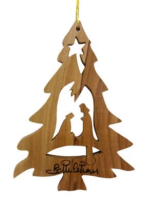 Ornament: Christmas Tree with Nativity – a 3.5" olive wood Christmas tree ornament from Bethlehem, featuring a nativity cut-out with Mary, Joseph, baby Jesus, star detail, and “Bethlehem” inscription. Handcrafted in Israel.