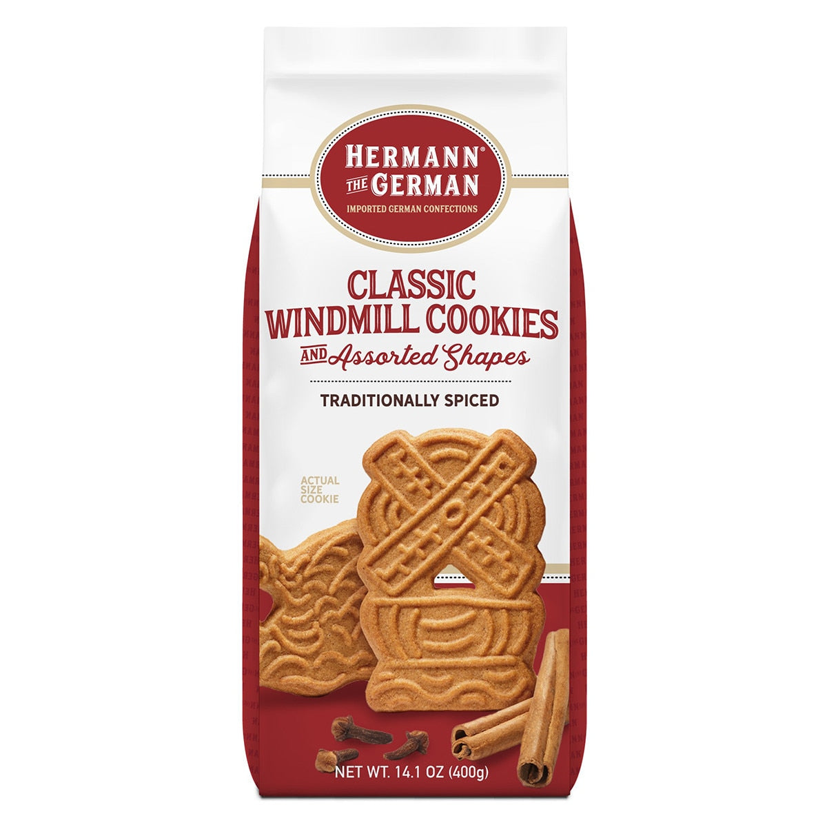 A 14.1 oz (400g) bag of Hermann the German Classic Windmill Cookies, traditionally spiced and in assorted shapes, with an image of the cookies and cinnamon sticks on the front.