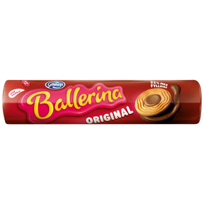 A 205g package of Göteborgs Ballerina Original Cookies, a classic Swedish treat, features an image of a cookie with chocolate hazelnut cream filling and labels reading “25% mer fylling” and “Göteborgs.”.