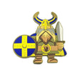 The Magnet: Swedish Viking Scandinavian Kitchen Magnet features a cartoon Viking with a sword, round shield, horned helmet, and blue cape—a fun Nordic addition to any Scandinavian kitchen.