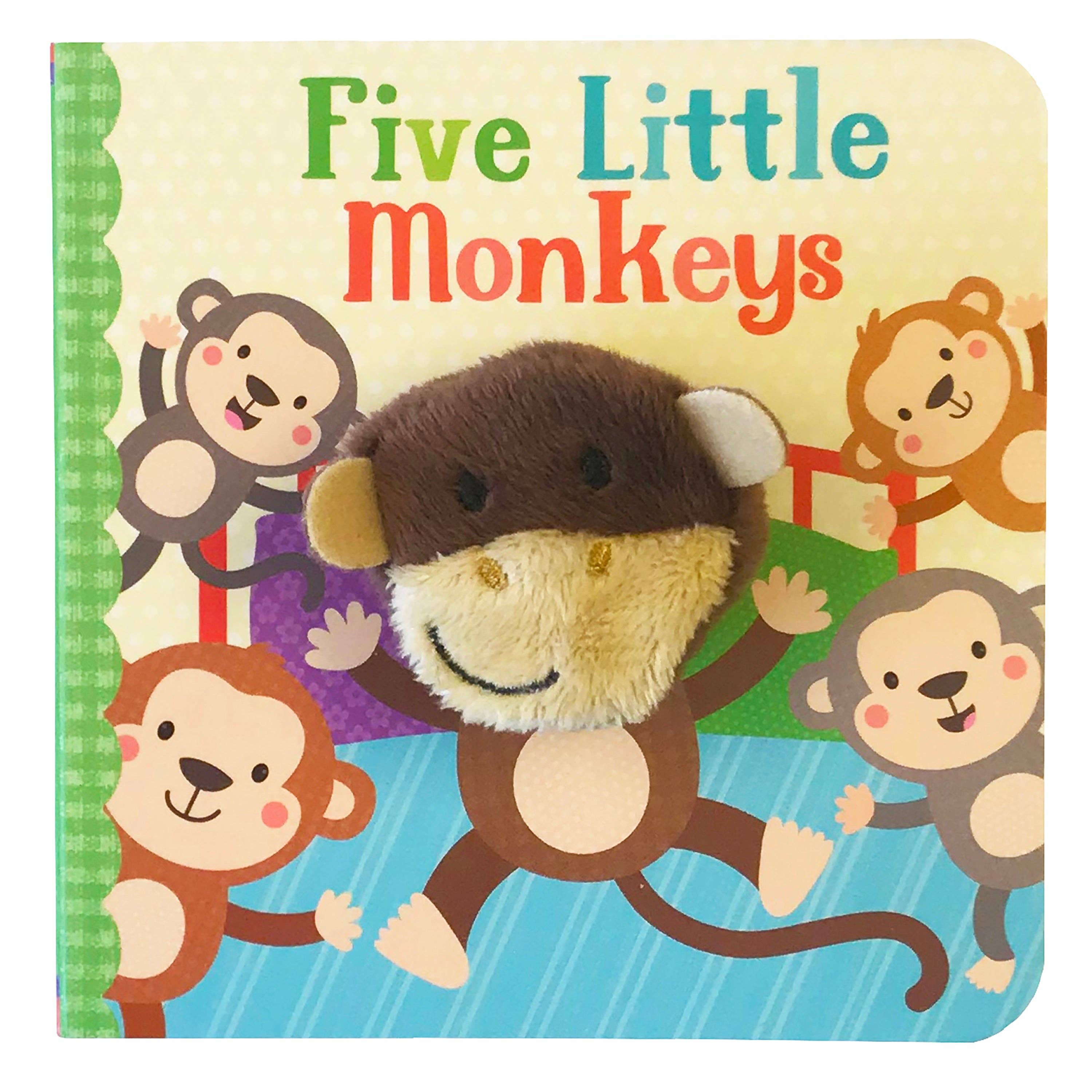 The Five Little Monkeys Finger Puppet Board Book features playful monkeys on the cover and includes a plush finger puppet monkey face in the center, encouraging interactive play and language development.