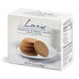 A box of Lars Own Swedish Ginger Snaps (10.5 oz) sits beside a plate of spiced cookies and a glass of milk, with nutrition facts shown on the box.