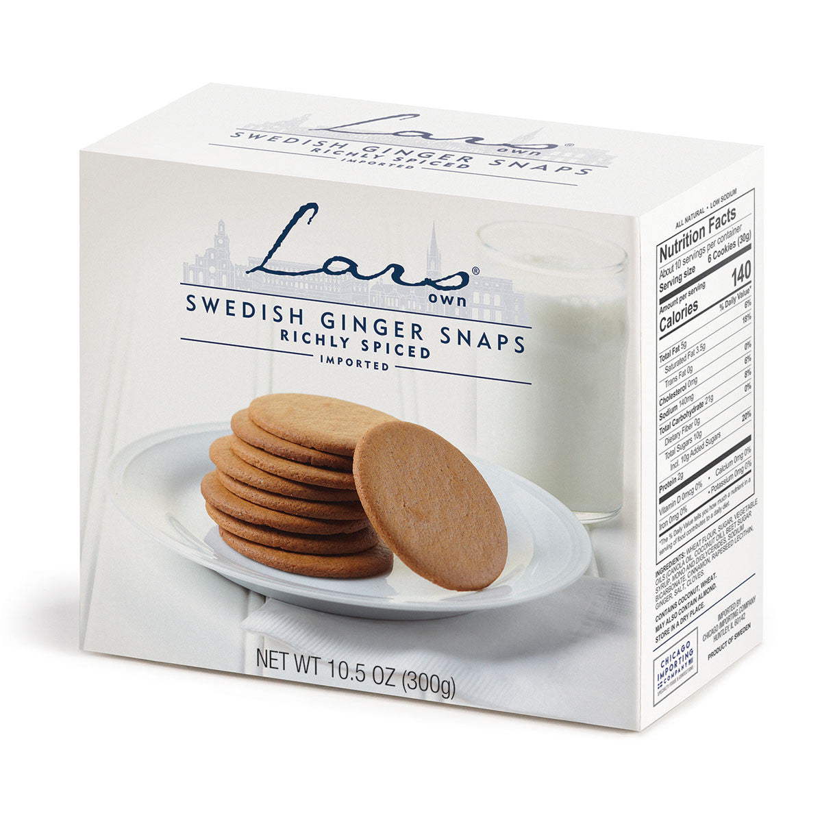 A box of Lars Own Swedish Ginger Snaps (10.5 oz) sits beside a plate of spiced cookies and a glass of milk, with nutrition facts shown on the box.