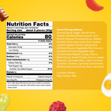 Nutrition facts label and ingredients list shown next to assorted colorful gummy candies on a yellow background.