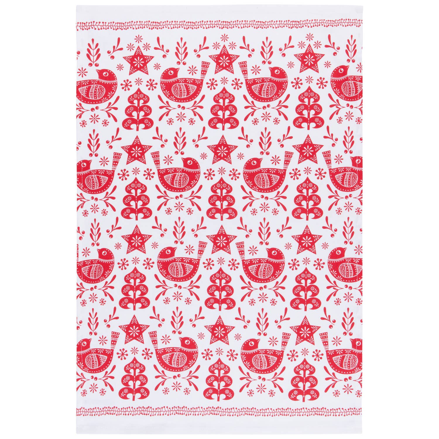 The Tea Towel: Snowbird Dishtowel is an enchanting kitchen accessory made from 100% cotton, showcasing red patterns of birds, stars, and abstract shapes on a pristine white background.