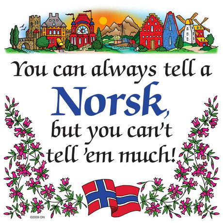 Refrigerator magnet with a colorful Nordic village, Norwegian flag, flowers, and text: You can always tell a Norsk, but you can’t tell em much!.
