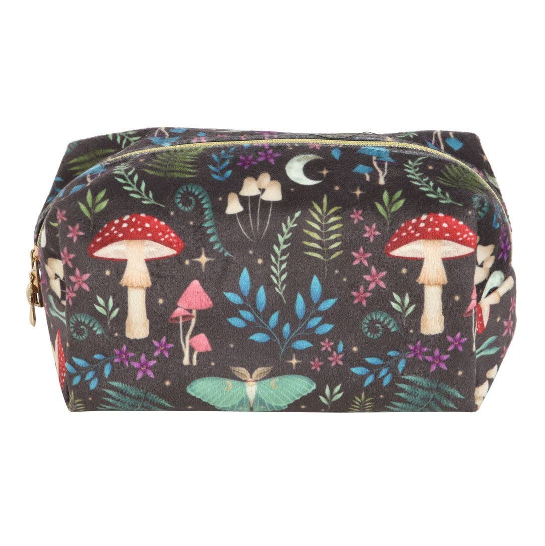 The Makeup Bag: Dark Forest Print Makeup Bag is a rectangular zippered pouch with mushrooms, ferns, flowers, a crescent moon, and a green moth on a dark background—perfect as a makeup or travel toiletry bag.