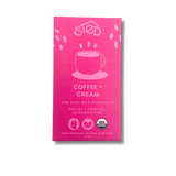 Bright pink chocolate bar wrapper with a coffee cup illustration and USDA Organic label, text indicating organic dark milk chocolate with Ethiopian coffee.
