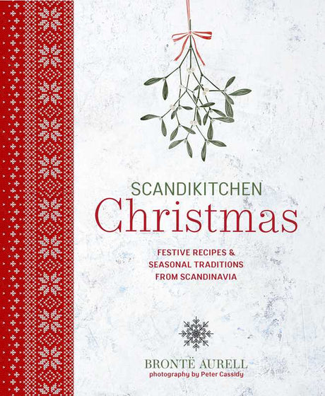Cookbook cover with red Scandinavian-inspired patterns, mistletoe illustrations, and white text about Christmas recipes and traditions by Brontë Aurell.