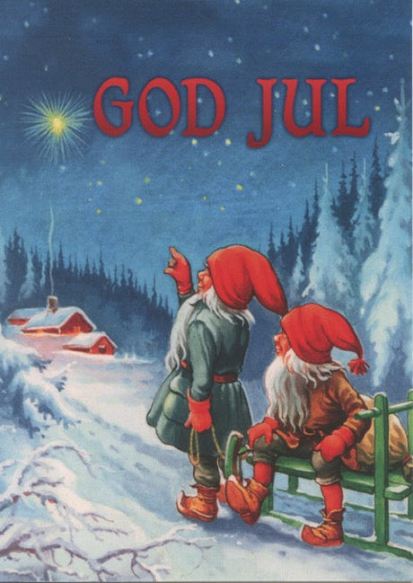 This Card Pack: God Jul Merry Christmas in Swedish Blue Sky Tomtar features two gnomes—one standing, one on a sled—with red hats and a snowy landscape, ideal for Swedish Christmas cards or Scandinavian holiday greetings.