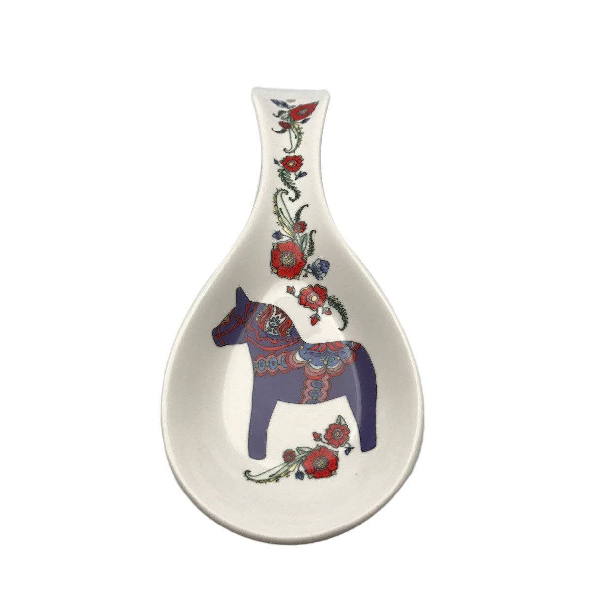 The Spoon Rest: Swedish Blue Dalarna Dala Horse Ceramic Spoon Rest showcases a painted blue Dala Horse with floral accents on white—an elegant piece of Swedish kitchen decor.