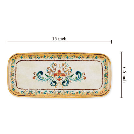 Rectangular ceramic tray with folk art floral pattern, yellow border, and decorative edges, measuring 15 inches long by 6.5 inches wide.