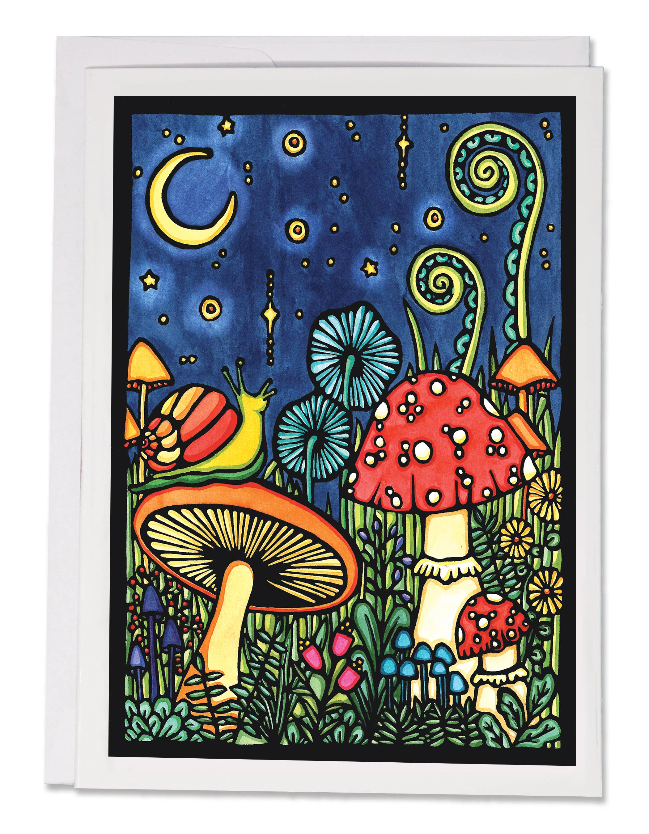 The Greeting Card: Mushroom Greeting Card, inspired by Sarah Angst Art, features vibrant mushrooms, a snail, and plants set against a starry sky with a crescent moon.