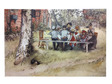 A group of children gathers at a wooden table outdoors by a red house and lush greenery—capturing the essence of Swedish life in the "Breakfast Under the Big Birch" Carl Larsson 1853–1919 print on canvas.