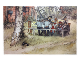 A group of children gathers at a wooden table outdoors by a red house and lush greenery—capturing the essence of Swedish life in the "Breakfast Under the Big Birch" Carl Larsson 1853–1919 print on canvas.