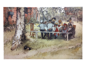 A group of children gathers at a wooden table outdoors by a red house and lush greenery—capturing the essence of Swedish life in the "Breakfast Under the Big Birch" Carl Larsson 1853–1919 print on canvas.