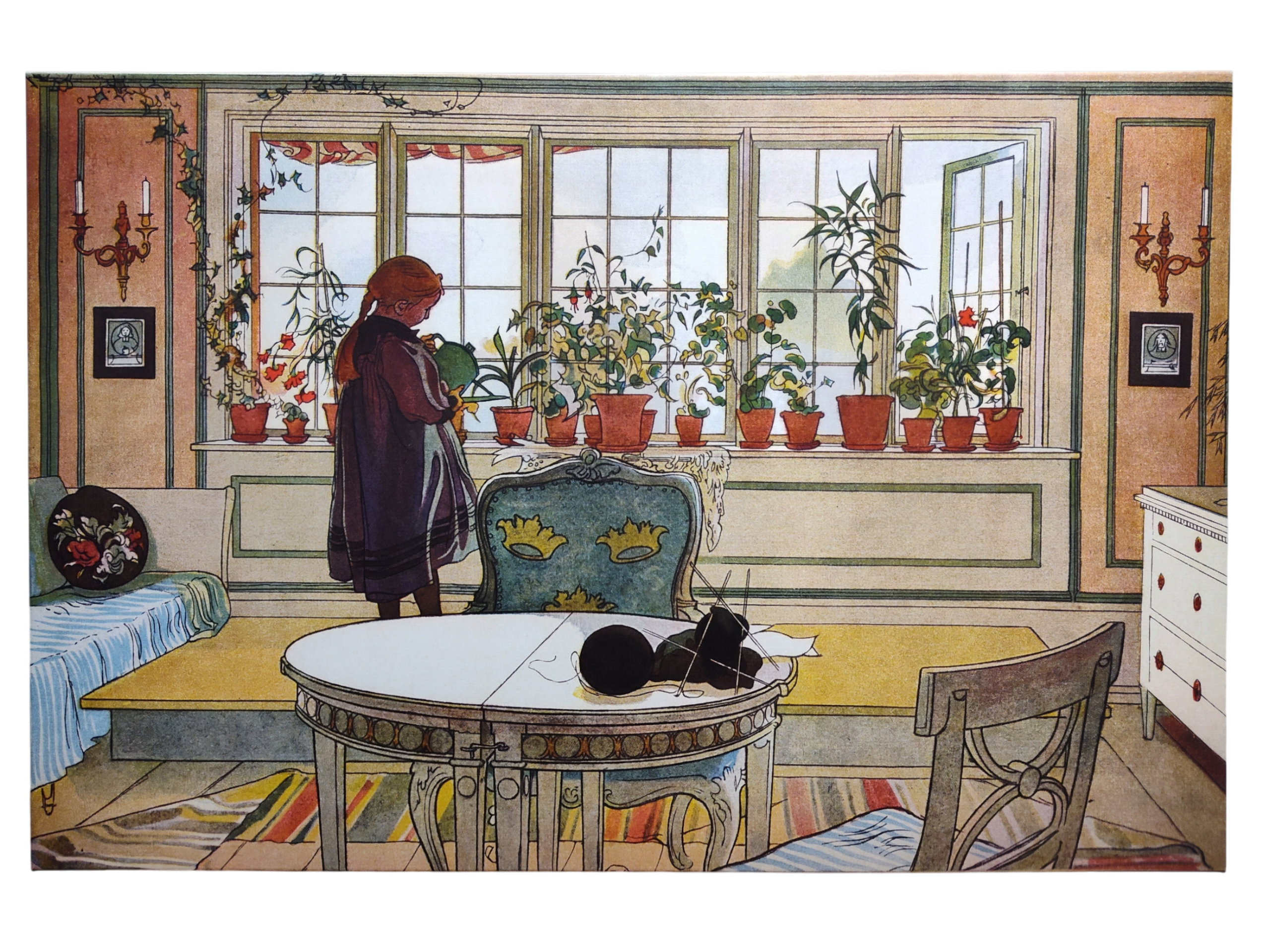 A print of Carl Larsson’s "Flowers on the Windowsill" (1853–1919) shows a young person by a window filled with potted plants, capturing Swedish charm in a bright room with a table, chairs, and daybed.