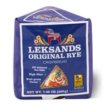 A 200g package of Leksands Original Crispbread Triangles, featuring rye flavor and high fiber content, with product details and a serving suggestion image on the front.