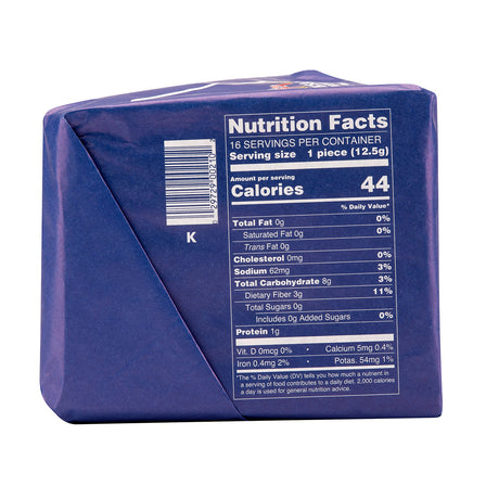 A close-up of a purple Leksands Original Crispbread Triangles (200g) package shows the Nutrition Facts label, highlighting 44 calories per serving, high fiber content, and 16 servings per container.