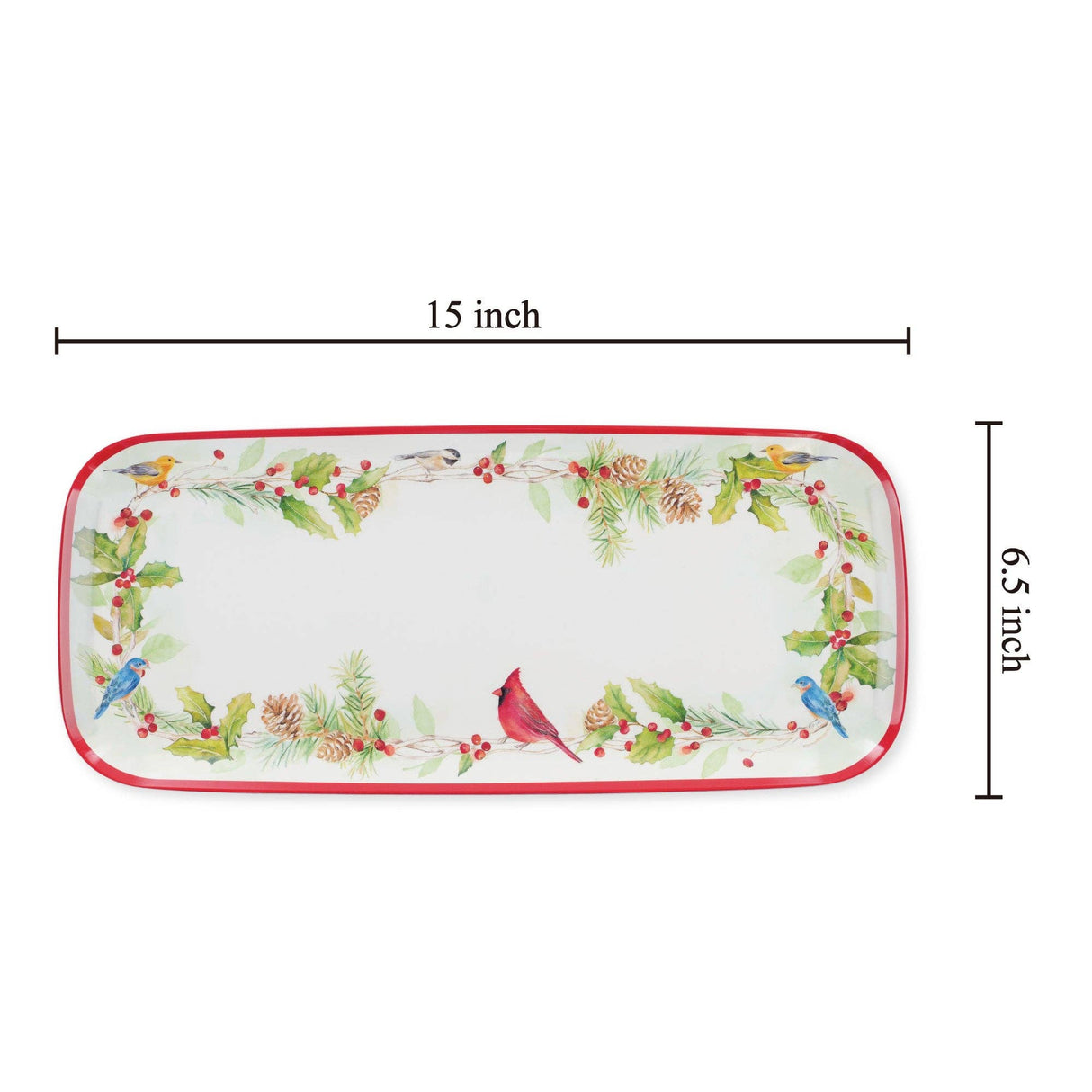 Rectangular melamine tray with red rim and Nordic border featuring bird, pinecones, and holly. Size is approximately 15 by 6.5 inches.