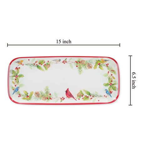 Rectangular melamine tray with red rim and Nordic border featuring bird, pinecones, and holly. Size is approximately 15 by 6.5 inches.