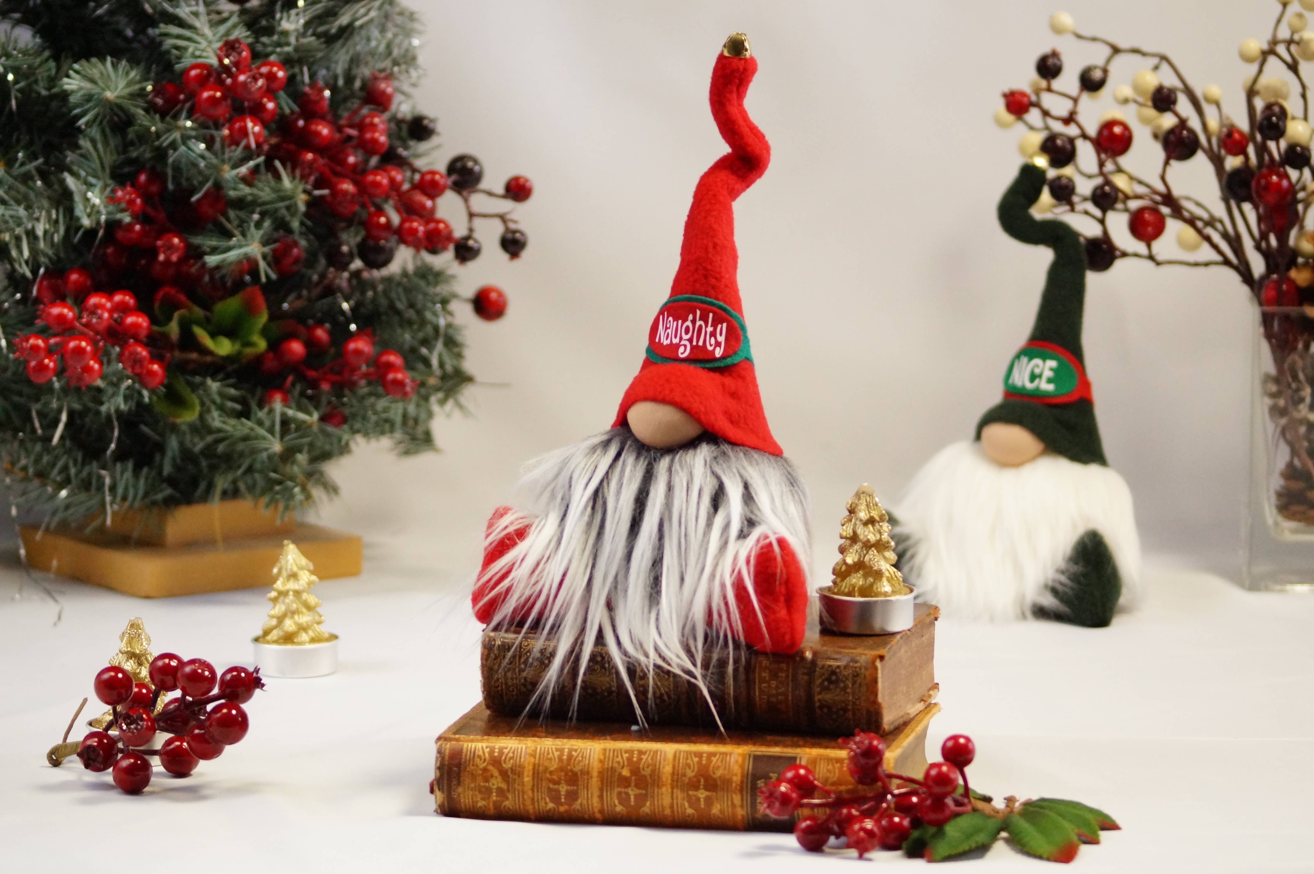 Two holiday gnomes, one labeled Naughty Christmas Gnome with a long beard and a handmade fleece hat, and its counterpart Nice, sit on books amidst festive decorations and mini golden trees.