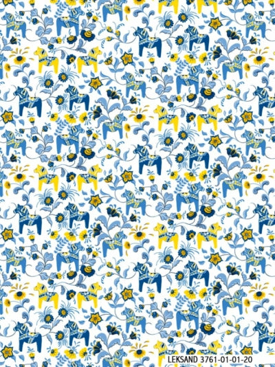 A floral pattern with blue and yellow Swedish flowers on a white cotton background, featuring various detailed blossoms and leaves reminiscent of the designs on the Tote Bag: Swedish Dala Horse Blue & Yellow with Swedish Flowers.