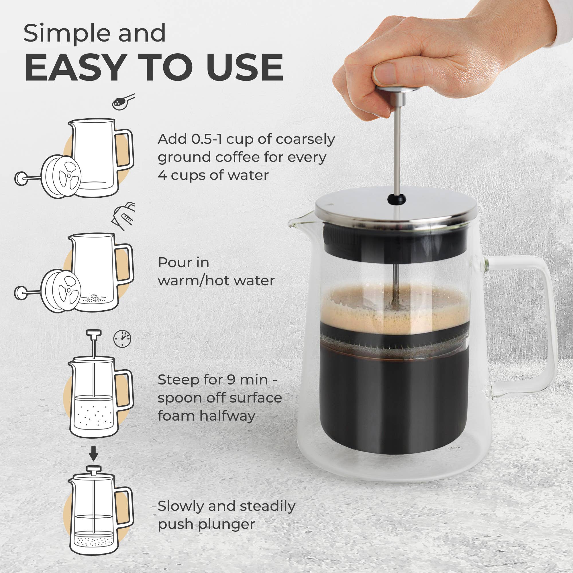 A hand pushes the plunger of the Kaffe French Press Coffee Maker – Double-Wall Borosilicate Glass (0.8L) filled with coffee, while step-by-step illustrated brewing instructions are shown on the left.