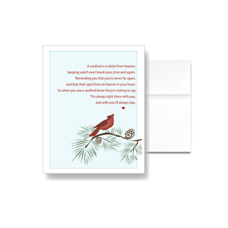 Card: Cardinal Sympathy Card—a condolence card featuring a red cardinal on a pine branch with a touching poem about cardinals symbolizing comfort and visits from loved ones after their passing.
