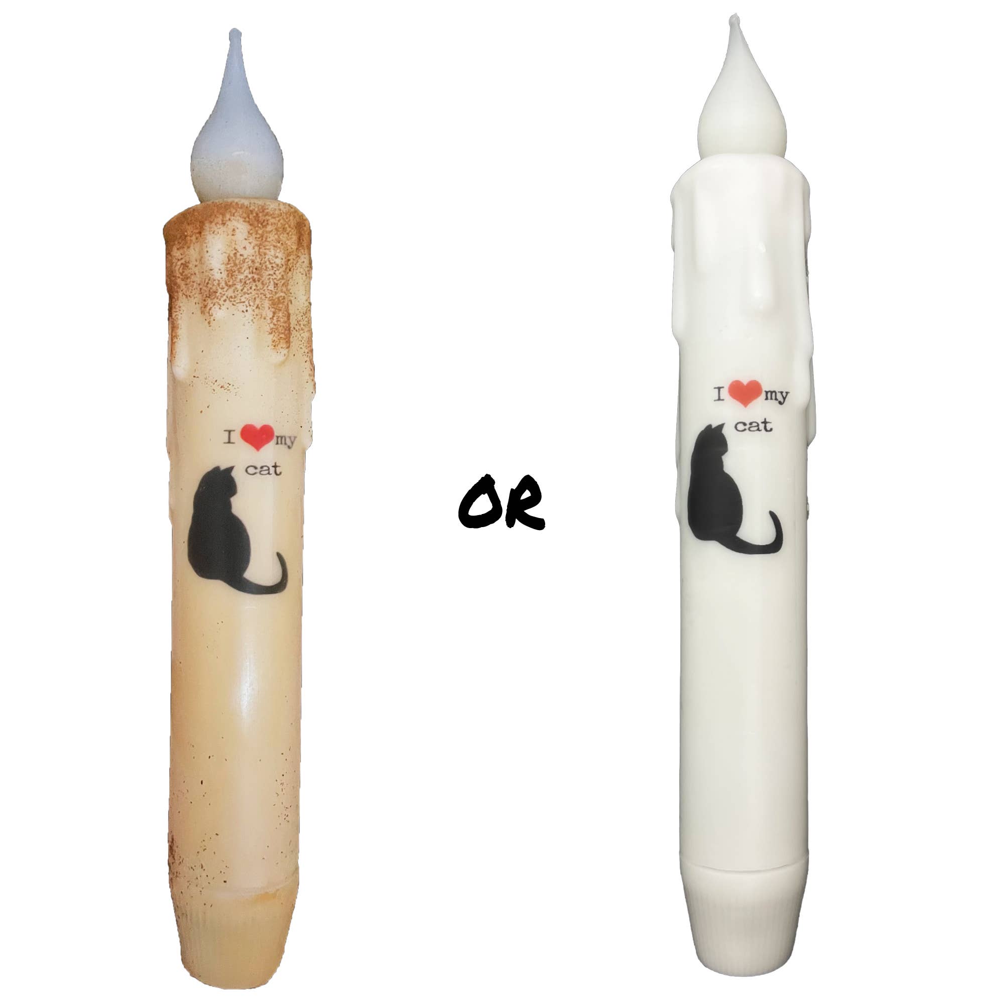 Featuring I ♥ my cat with a black cat silhouette, these two pointy candles—one natural, one cinnamon—make an ideal gift for cat lovers. Perfect for cozy homes, the Love My Cat LED Battery Operated Timer Taper Candles add charm without flames.