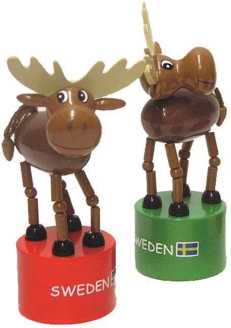 Two Flopping Moose figures with a Red or Green Base labeled "Sprattelalg Sweden" stand proudly, each adorned with a Swedish flag.