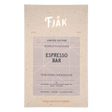 Front of a Fjåk wrapper labeled "Fjak Espresso Dark Chocolate 70% Cocoa (Limited Edition) Norwegian Chocolate 60g"—organic, vegan, gluten-free, and winner of the Academy of Chocolate 2021 Silver award.