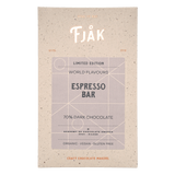 Front of a Fjåk wrapper labeled "Fjak Espresso Dark Chocolate 70% Cocoa (Limited Edition) Norwegian Chocolate 60g"—organic, vegan, gluten-free, and winner of the Academy of Chocolate 2021 Silver award.