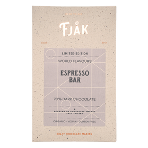 Front of a Fjåk wrapper labeled "Fjak Espresso Dark Chocolate 70% Cocoa (Limited Edition) Norwegian Chocolate 60g"—organic, vegan, gluten-free, and winner of the Academy of Chocolate 2021 Silver award.