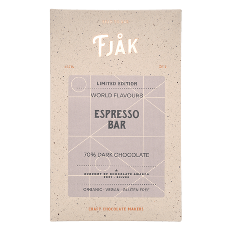 Front of a Fjåk wrapper labeled "Fjak Espresso Dark Chocolate 70% Cocoa (Limited Edition) Norwegian Chocolate 60g"—organic, vegan, gluten-free, and winner of the Academy of Chocolate 2021 Silver award.