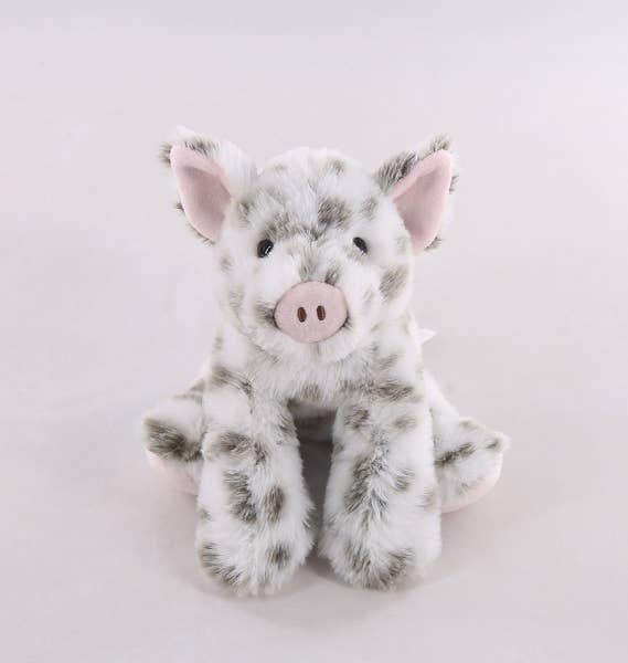 A Spotted Pig from the Wild Onez collection, measuring 8 inches and featuring a white and gray plush design made from recycled materials, with pink ears and nose, sits against a plain background.