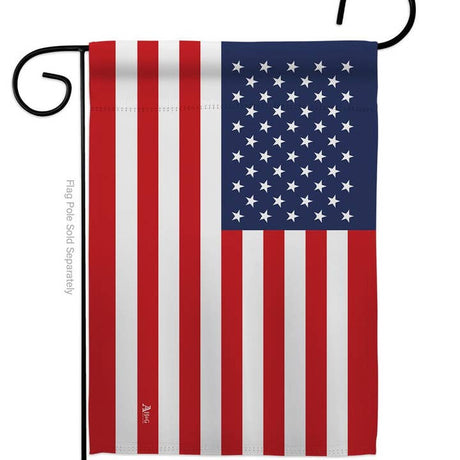 The United States of America Garden Flag – USA Nationality Home Decor Flag hangs vertically on a black metal pole holder, proudly displaying American pride with classic stars and stripes.